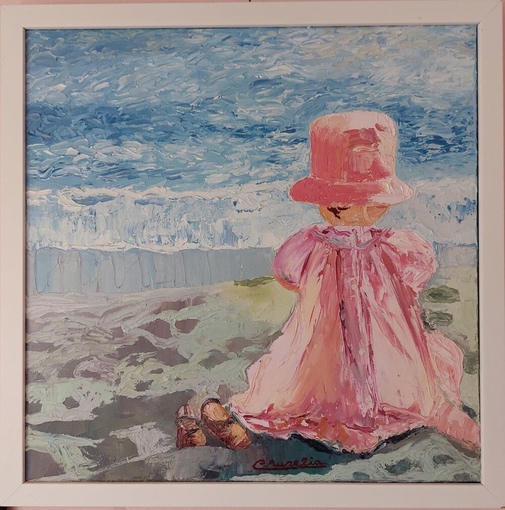 Bambina sulla spiaggia, olio su tela, 35×35 cornice, 2009, collezione privata Bianca, Messina