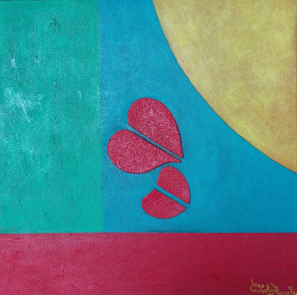 Cuori spezzati, polistirolo e olio su tela con rullo e pennello, 50×50, anno 2017, disponibile presso lo studio dell'artista