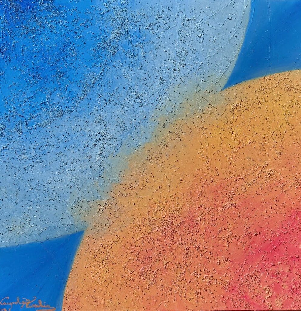 Il bisogno di estenderci oltre il nostro Pianeta, tecnica olio e sabbia su tela, misure 69×60, anno 2021 disponibile nello studio dell'artista