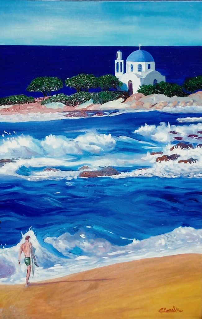 Surfista in Grecia, olio su tela, cm 60×90 , anno , collezione privata Messina