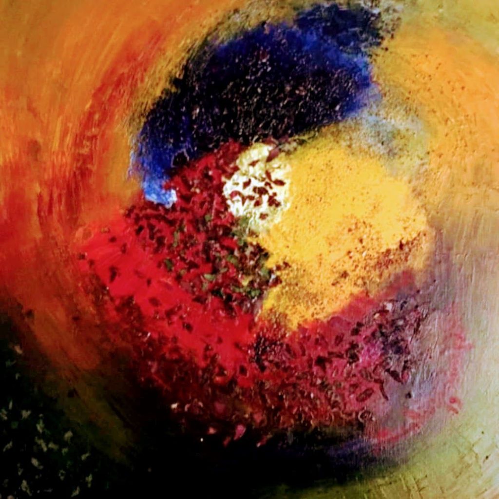 La forma del mio universo, Sabbia, petali di rose e olio su tela, cm 40×40, 2019, Collezione privata Messina